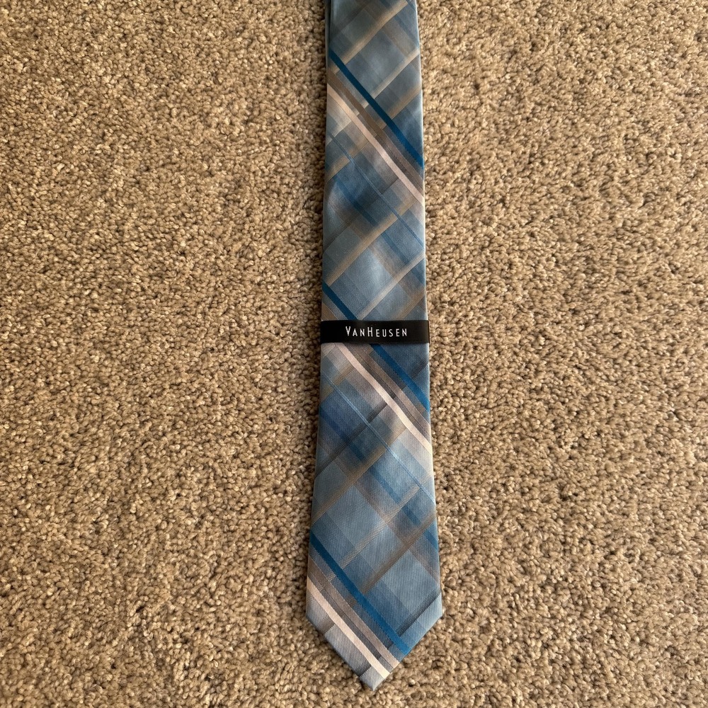 Van Heusen Tie Mens One Size Blue Silk Plaid Woven Classic Dress Necktie